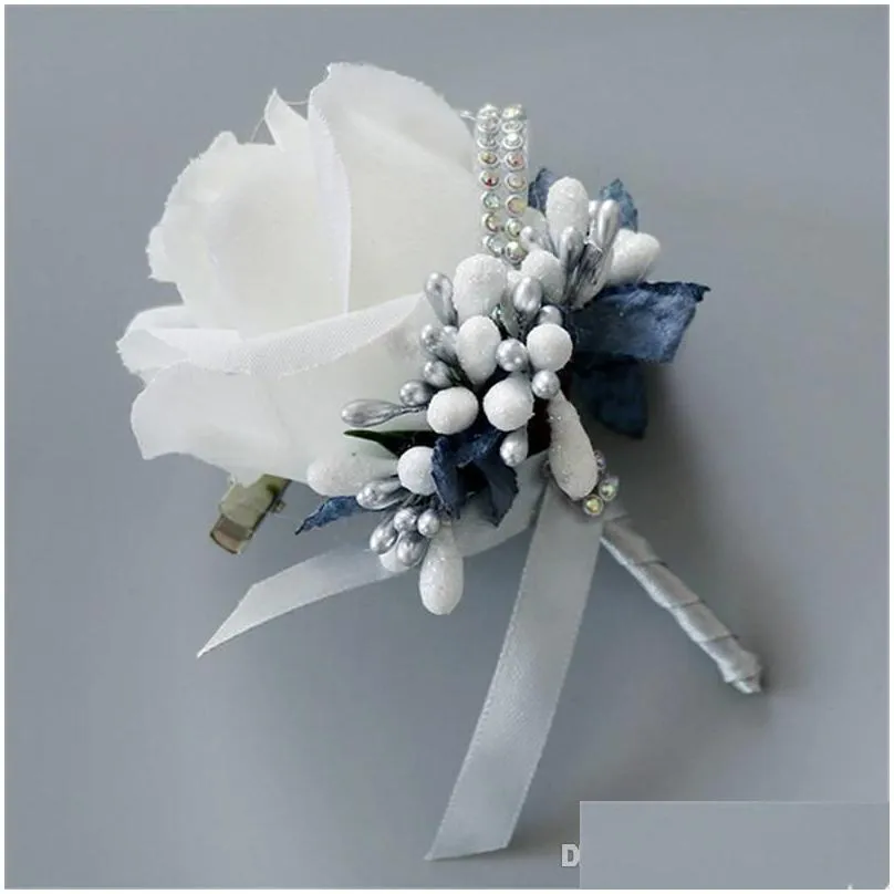 white  corsage for groom groomsman silk rose flower wedding suit boutonnieres accessories pin brooch decoration supplies1