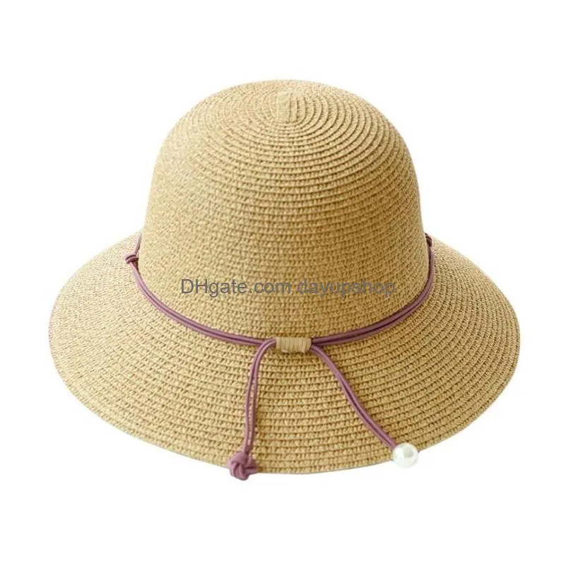 summer women bucket hat foldable straw hats with pearl pendant sun cap for lady wide brim hats sun bonnet fisherman hat free ship