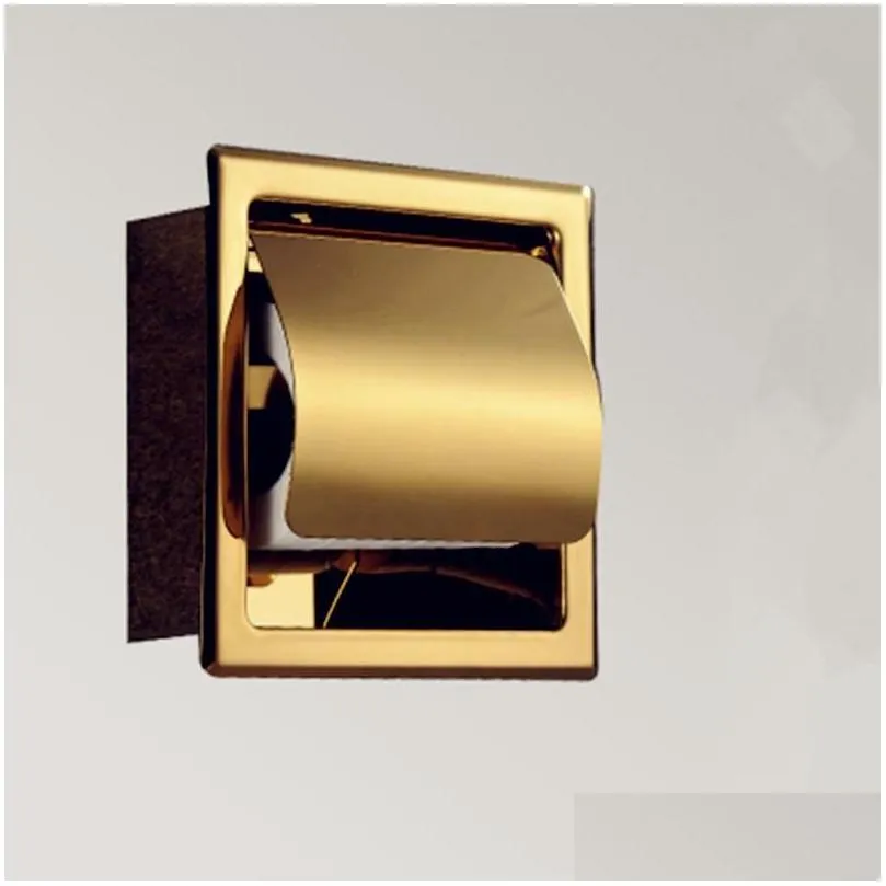 Toilet Paper Holders Single Wall Bathroom Roll Box Polished Gold Recessed Toileissue Holder All Metal Contruction 304 Stainless