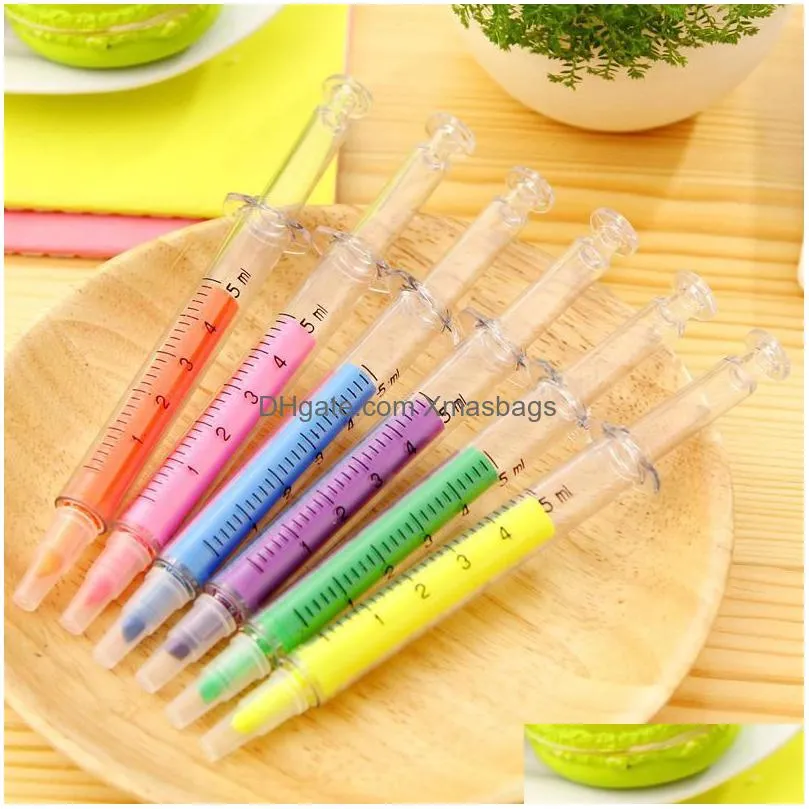 wholesale 350pcs 6 colors novelty nurse needle syringe shaped highlighter markers marker pen pens stationery school supplies
