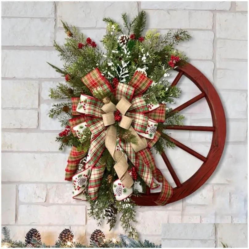 Decorative Flowers & Wreaths Xmas Wreath Universal Charming Wood Farmhouse Wagon Wheel Wooden Christmas For Winter Artificial Garlands