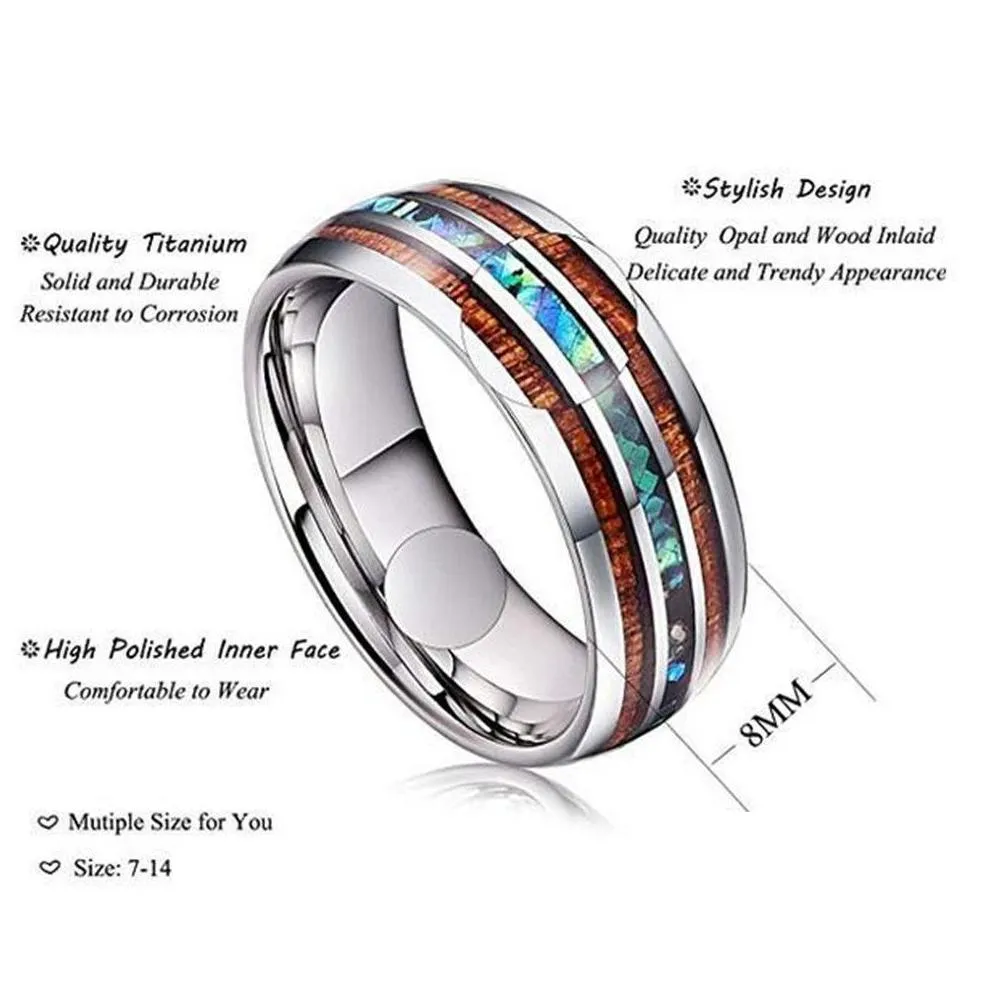 8mm wide wood and blue opal stainless steel rings for men women never fade wooden titanium steel finger ring fashion jewelry gift