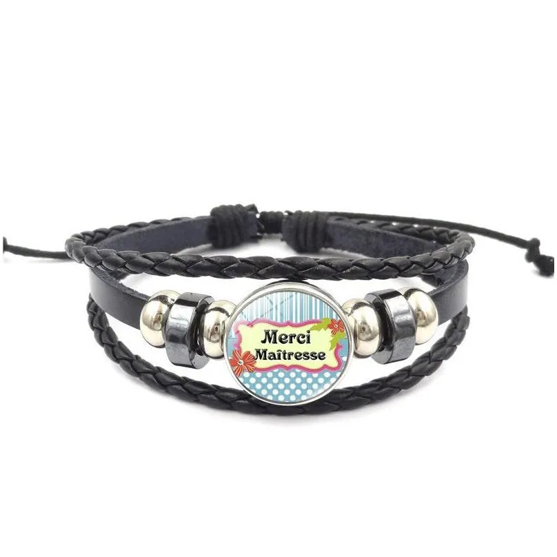 fashion teacher weave leather wrap bracelet for women french merci ma￮tresse letter charm bracelet 2019 teachers` day jewelry gift