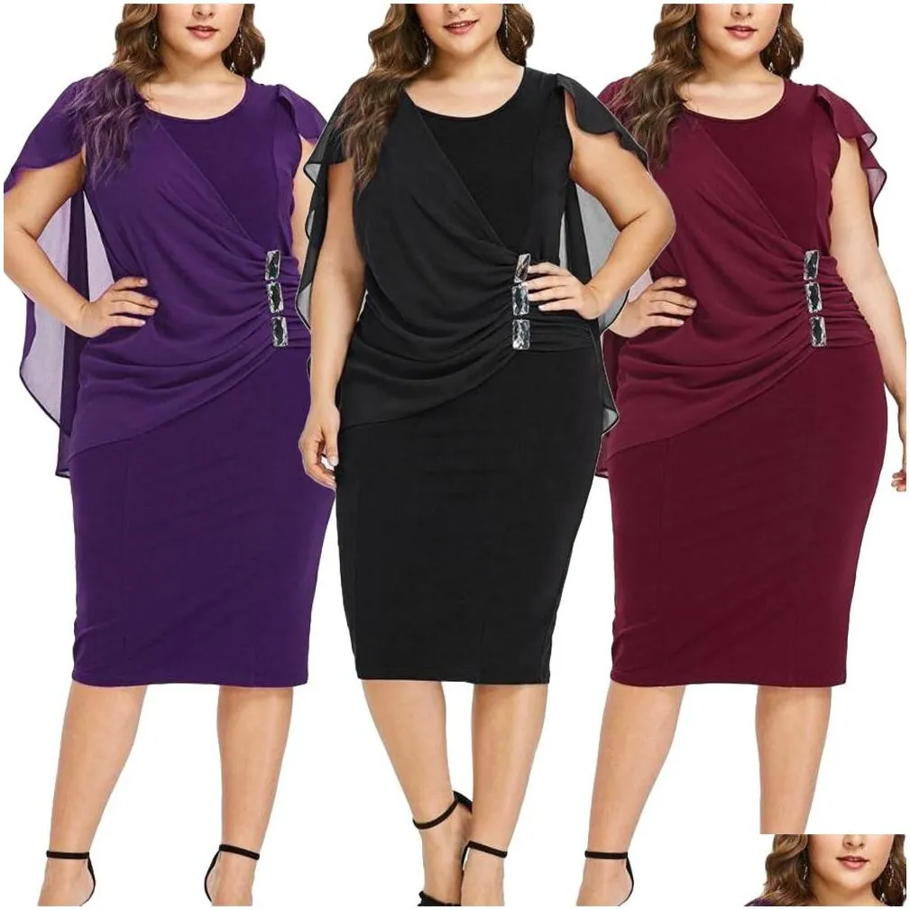 Fashion Women Plus Size Cape O-Neck Chiffon Patchwork Double Layer Casual Loose Lady Office Party Midi Pencil Dress