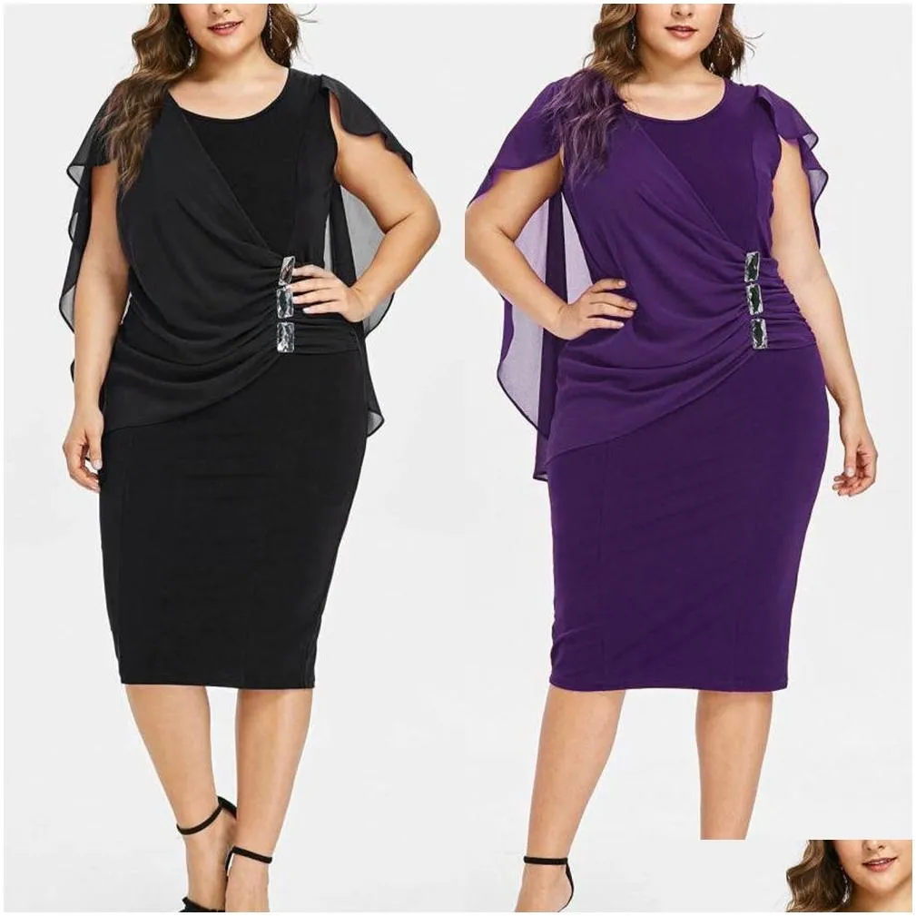 Fashion Women Plus Size Cape O-Neck Chiffon Patchwork Double Layer Casual Loose Lady Office Party Midi Pencil Dress