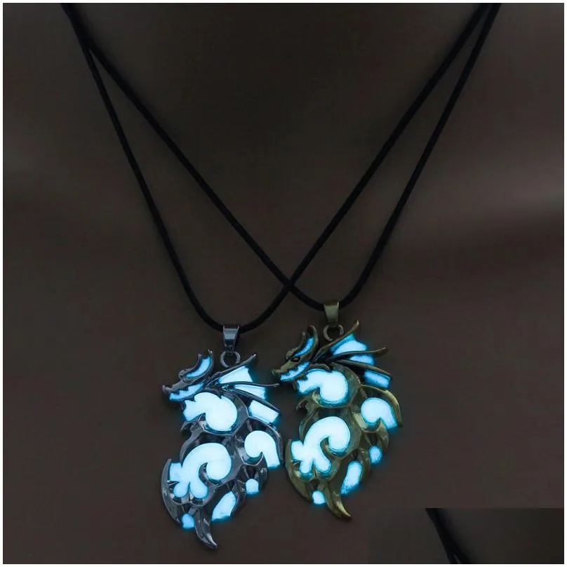 magic glowing flame dragon necklace for men women glow in the dark pendant leather rope chain luminous vintage party jewelry gift