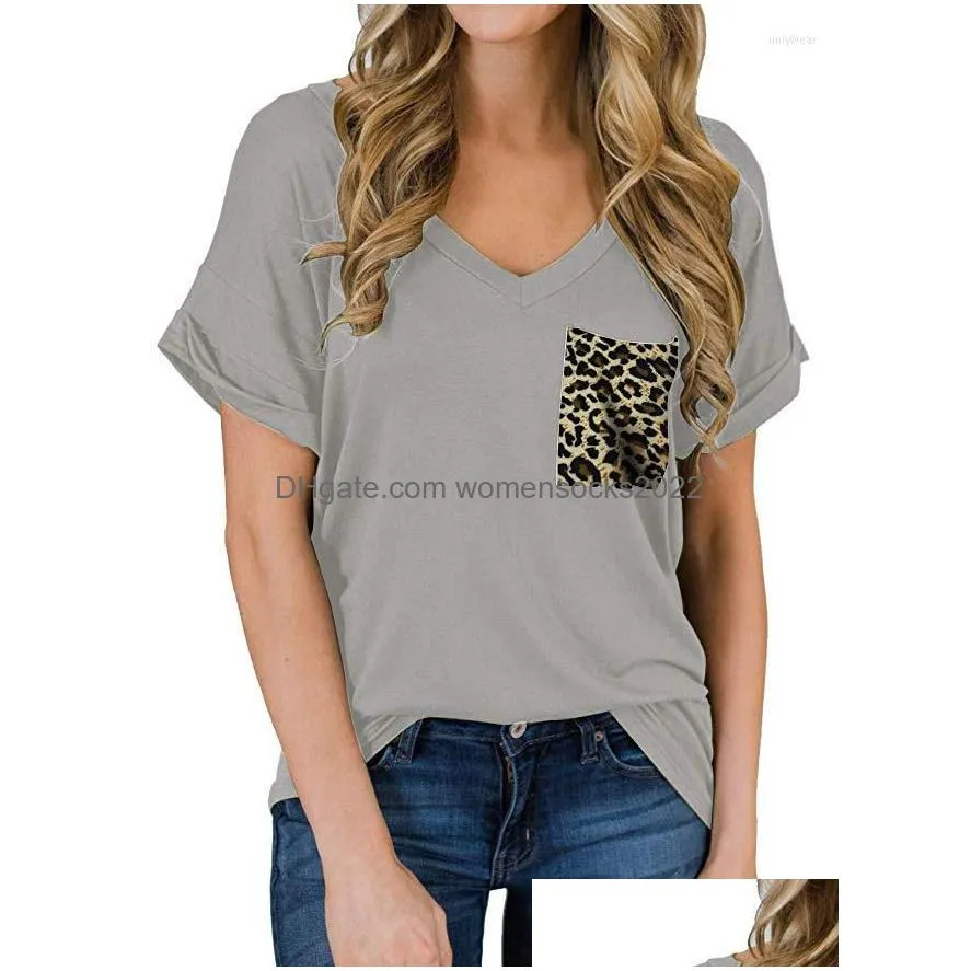 womens t shirts for women tops summer v-neck pocket t-shirt curled loose leopard print solid color all-match urban street home