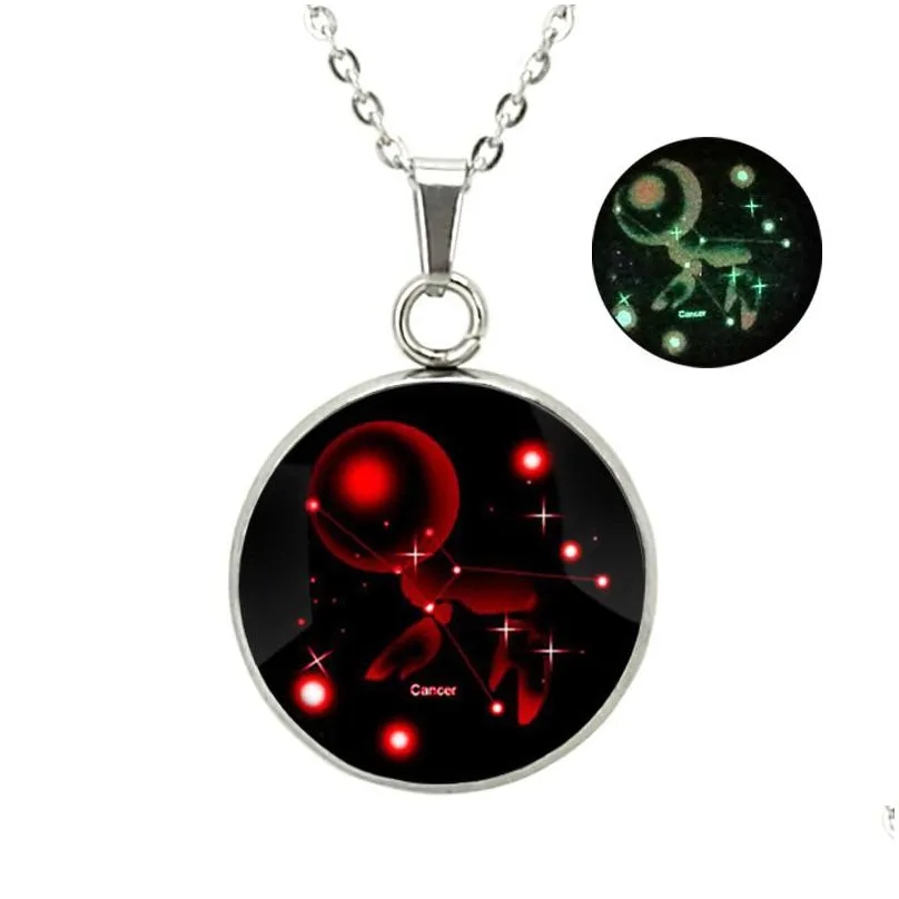 glow in the dark 12 zodiac sign necklaces for women men stainless steel horoscope glass cabochons pendant chains fashion luminous