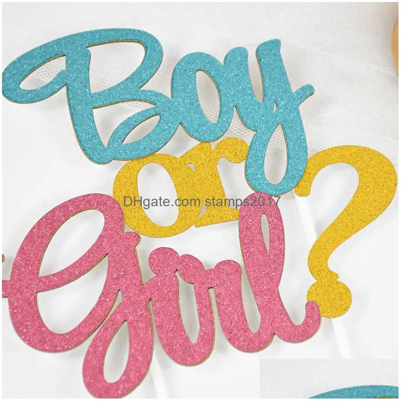  glitter boy or girl cake toppers gender reveal party cake decorations pink blue he or she supplies birthday party cake flags