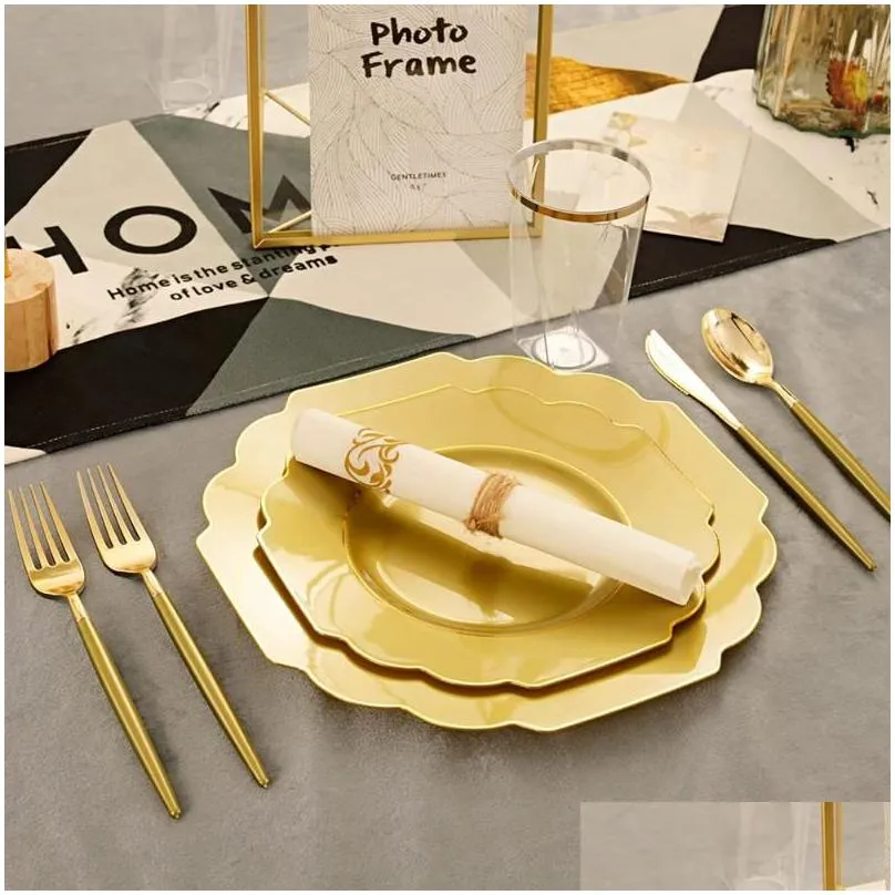 disposable dinnerware 50 pieces of tableware plastic plates and golden silverware wedding birthday party decorations