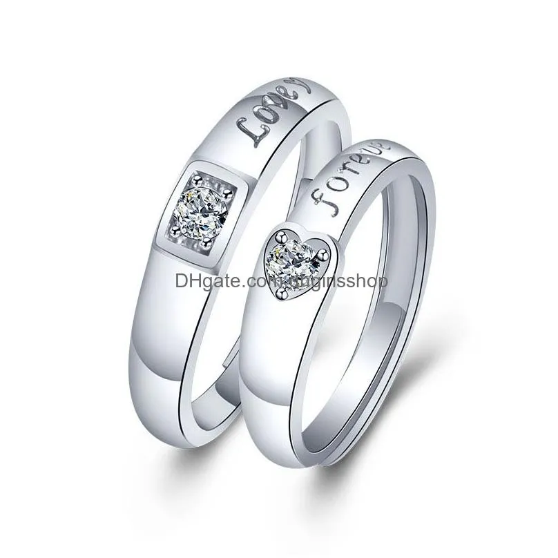 update adjustable silver couple rings diamond heart heartbeat love forever rings women mens engagement wedding ring