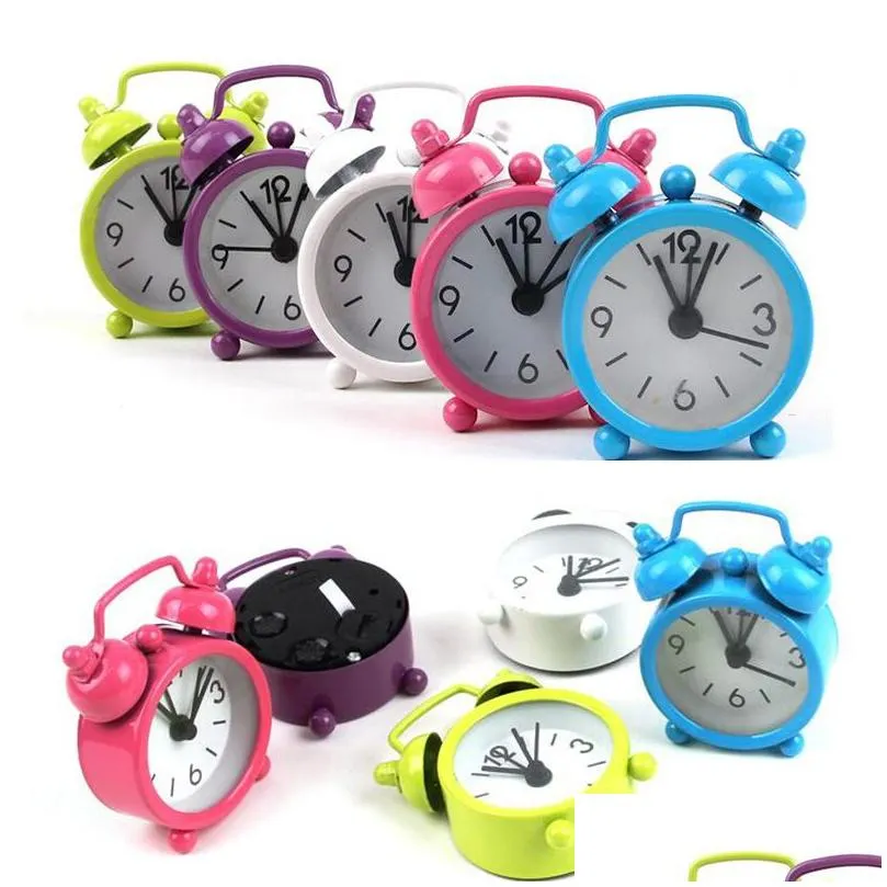 Retro Cute Mini Cartoon Metal Alarm Clocks Round Number Double Bell Desk Table Digital Clock Home Decor Candy Color