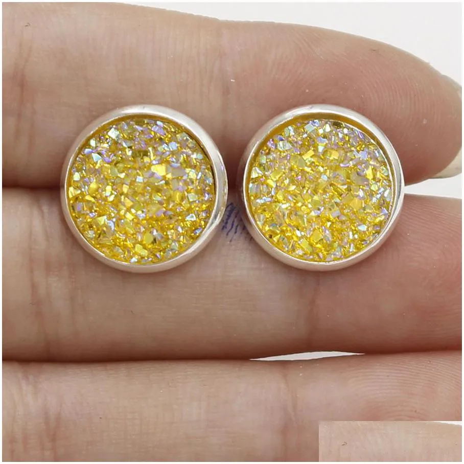 new 12mm round druzy stone stud earrings bling drusy resin silver earrings for women & ladies fashion handmade jewelry in bulk