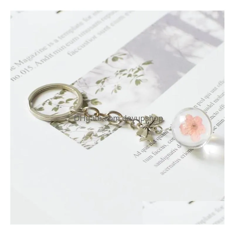 5 designs everlasting flower key chain glass dried flowers key ring handbags car cell phone pendant girl bag accessories