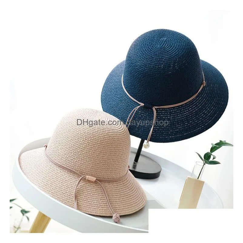 summer women bucket hat foldable straw hats with pearl pendant sun cap for lady wide brim hats sun bonnet fisherman hat free ship