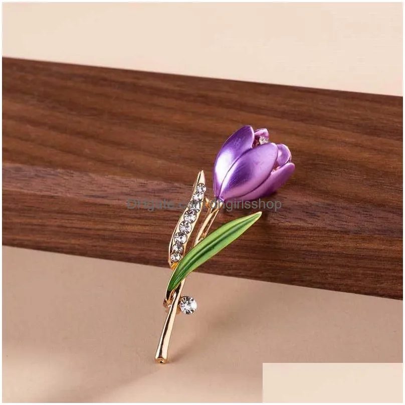 update diamond flower tulip brooch pins enamel brooches corsage lapel pin wedding fashion jewelry for women