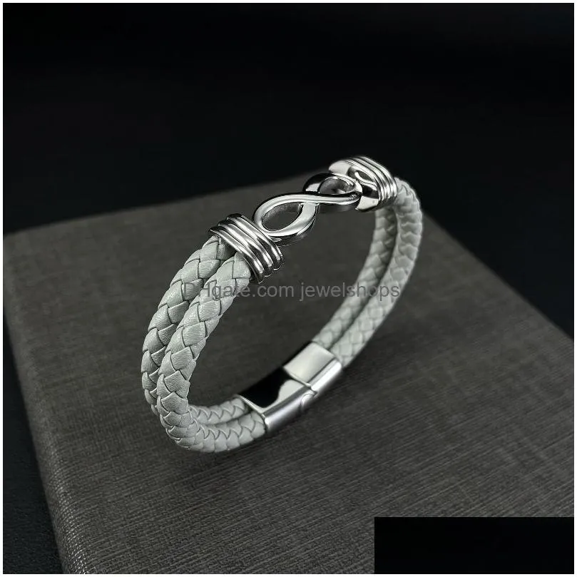 fashion punk double-layer leather bracelet infinite stainless steel magnetic clasp bracelets bangle cuff wristband women men jewelry