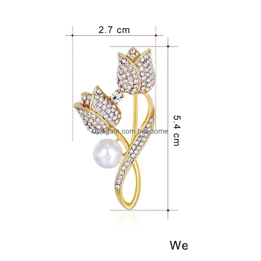crystal gold tulip brooch pin business suit tops corsage pearl rhinestone flower brooches for women men fashion jewelry