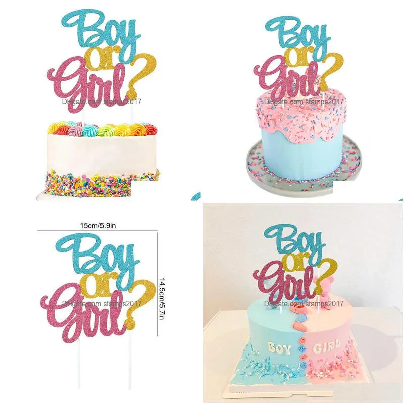  glitter boy or girl cake toppers gender reveal party cake decorations pink blue he or she supplies birthday party cake flags
