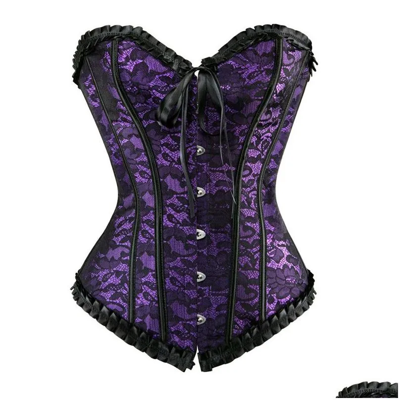 Caudutas Sexy Satin Floral Cincher Gothic Lace up Boned Overbust Corset Bustier Waist Trainer Corset Corselet Tops Plus Size 6xl