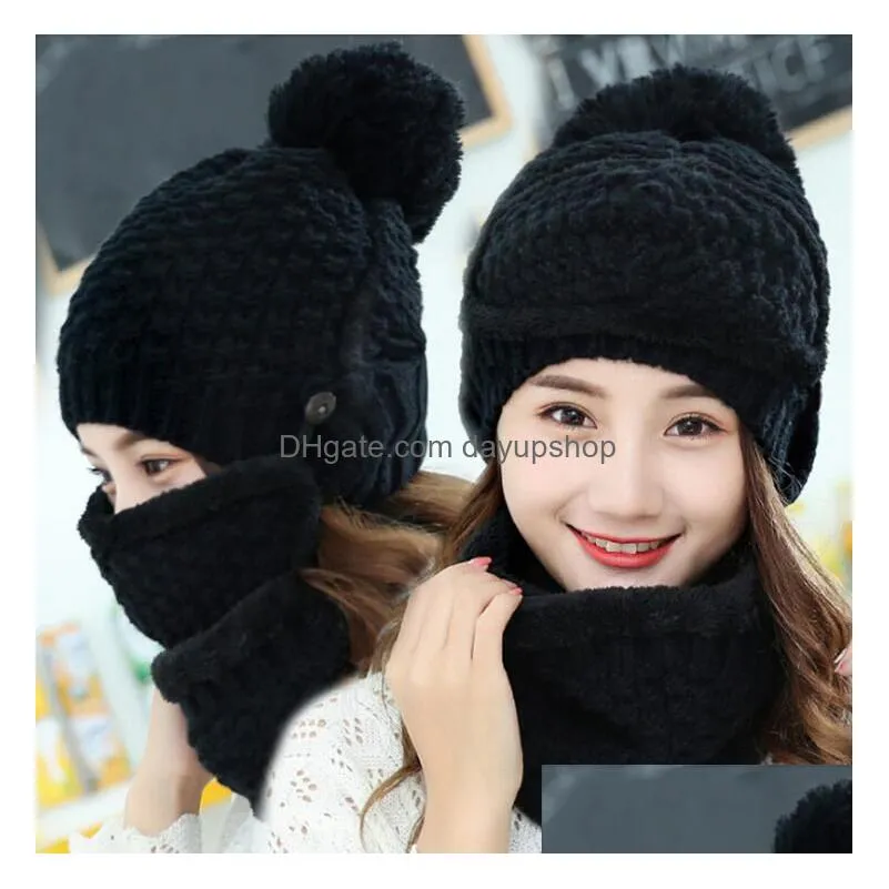 21 designs winter knitted hat 3-piece suit hat+scarf+respirator with mask hood beanie scarf caps outdoor warm hats