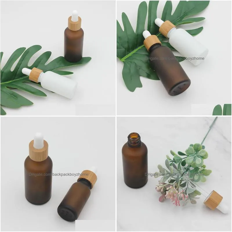 wholesale frosted amber white glass dropper bottle 15ml 30ml 50ml with bamboo cap 1oz wooden essential oil bottles