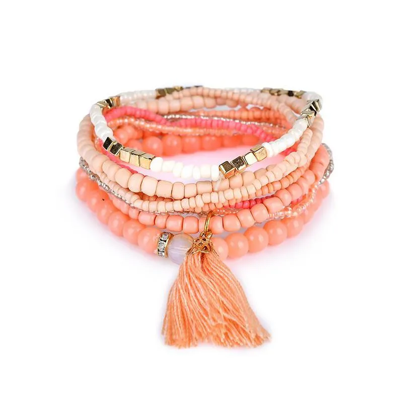 hot sale bohemian beach multilayer crystal beads tassel charm bracelets bangles for women gift wrist mala bracelet jewelry in bulk