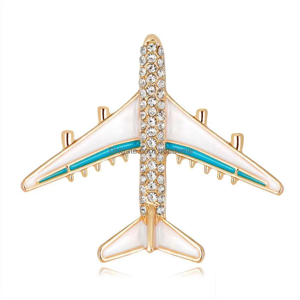 gold enamel plane brooch pin crystal aircraft corsage brooches fashion jewelry for women gift