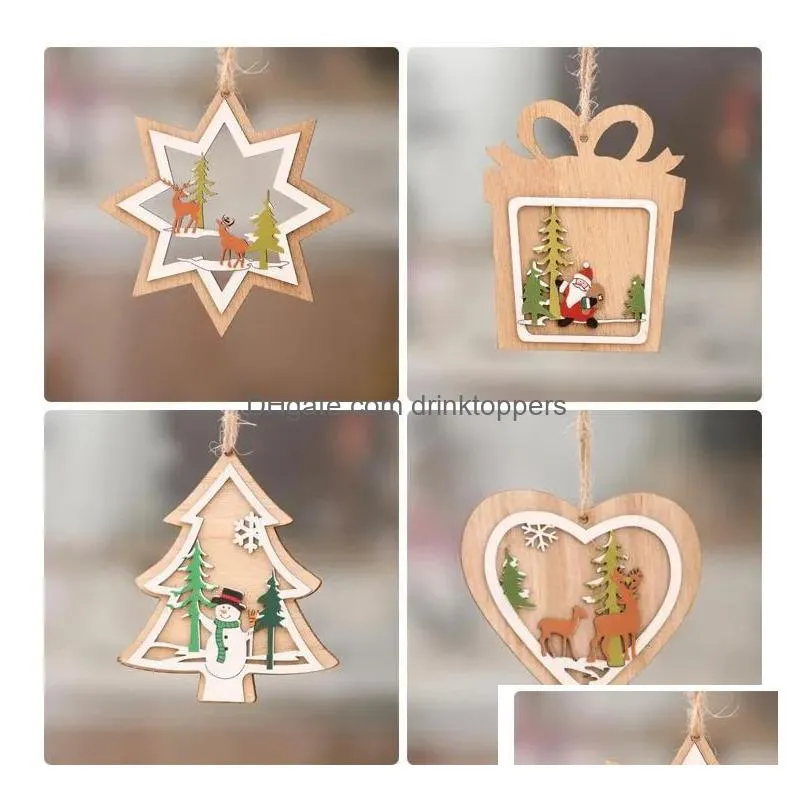 christmas decorations wooden laser hollow tree pendant 3d wooden santa claus elk snowman decorate jn07