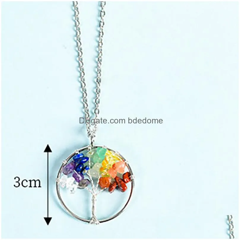 natural stone crystal tree of life chip gemstone pendant necklace 7 chakra yoga healing topaz red agate necklaces women men jewelry