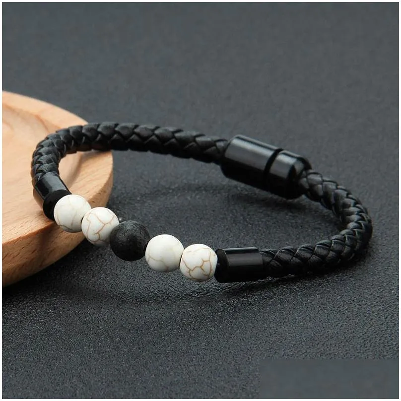 mens genuine leather lava rock bead brackets for women natural turquoise  oil diffuser stone magnetic buckle bangle fashion