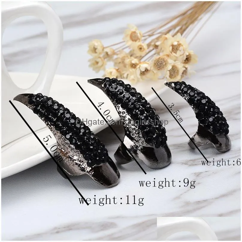 update crystal rhinestone false nail ring cluster gold black paw talon cat claw rings punk rock fashion jewelry