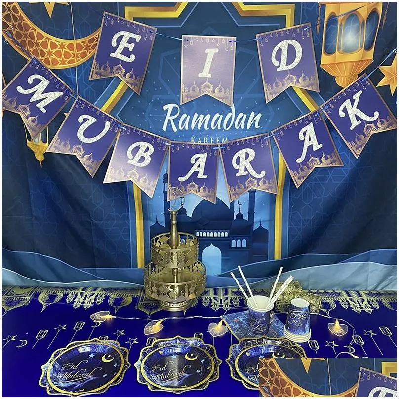 disposable dinnerware eid mubarak tableware paper plate napkins cup tablecloth banner set ramadan muslim islamic party decorations