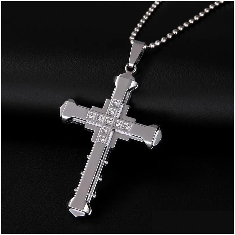 mens crystal cross pendant necklace for women double layer stainless steel crucifix jesus charm chains fashion religion jewelry