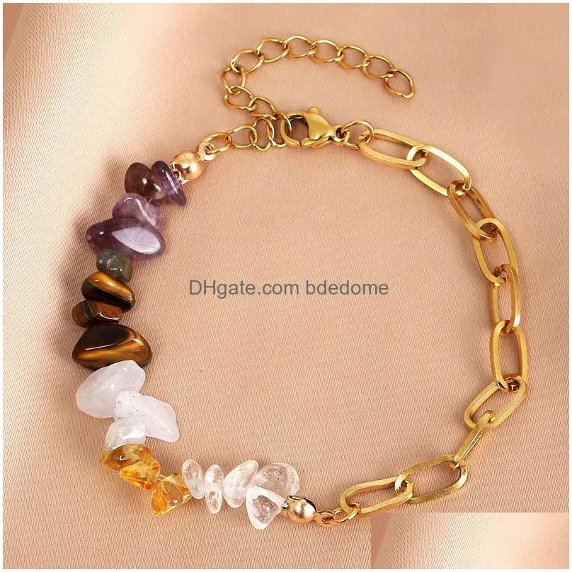 gold chain stainless steel crystal chip bracelet adjustable natural stone gravel irregular gemstone bracelets for women gift jewelry