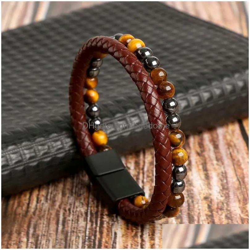 men leather wrap mulitlayer bracelet tiger eye lave natural stone beaded bracelets fashion jewelry gift