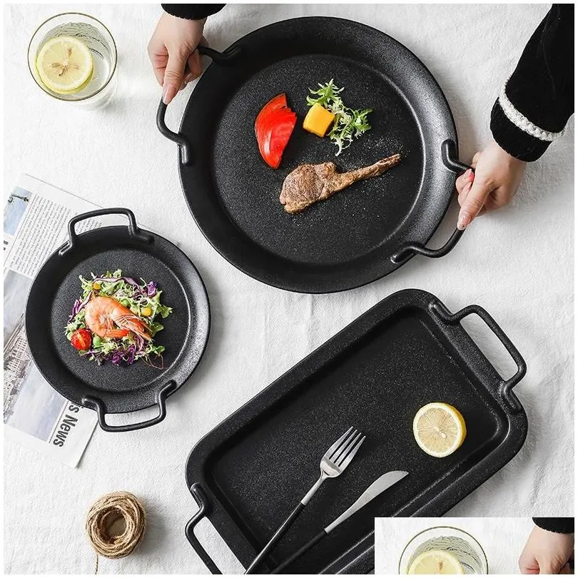 dishes plates creative ceramic plate with handle square round black binaural baking dinnerware steak soup snack