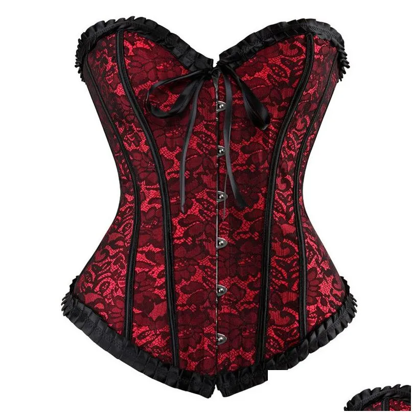 Caudutas Sexy Satin Floral Cincher Gothic Lace up Boned Overbust Corset Bustier Waist Trainer Corset Corselet Tops Plus Size 6xl