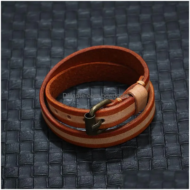 stripe leather bangle cuff pin buckle adjustable multilayer wrap bracelet wristand for men women will and sandy fashion jewelry