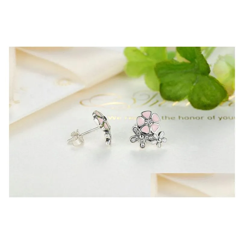 luxury 925 sterling silver poetic daisy cherry blossom drop earrings clear pink cz flower women engagement studs for women fashion