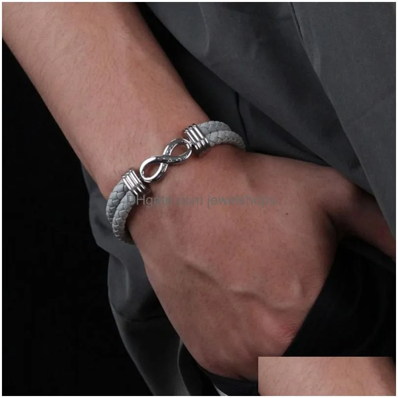 fashion punk double-layer leather bracelet infinite stainless steel magnetic clasp bracelets bangle cuff wristband women men jewelry