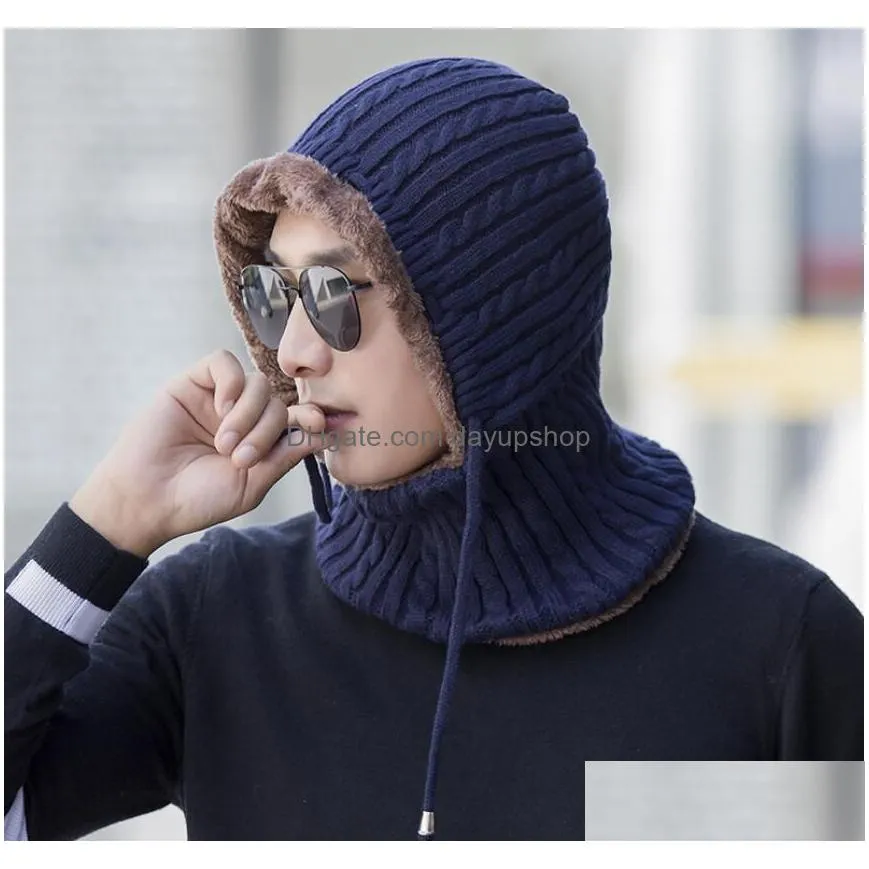 winter hat scarf set earmuffs knitted hat with mask hood beanies men scarf caps mask bonnet skull caps warm outdoor cycling hats