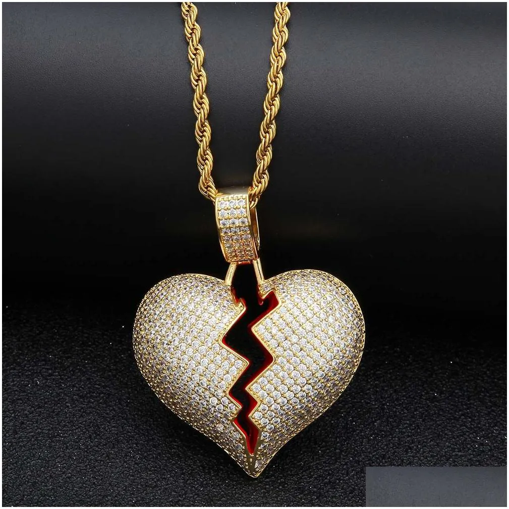 iced out cz broken love heart pendant necklaces bling cubic zirconia gold silver charm twisted chain for women men rapper hip hop