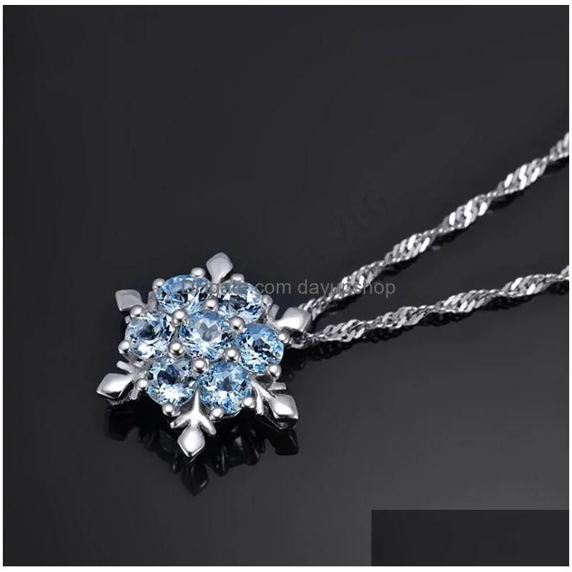 fashion jewelry snowflake pendant necklaces blue crystal snowflake frozen flower necklace pendants with chain free shipping