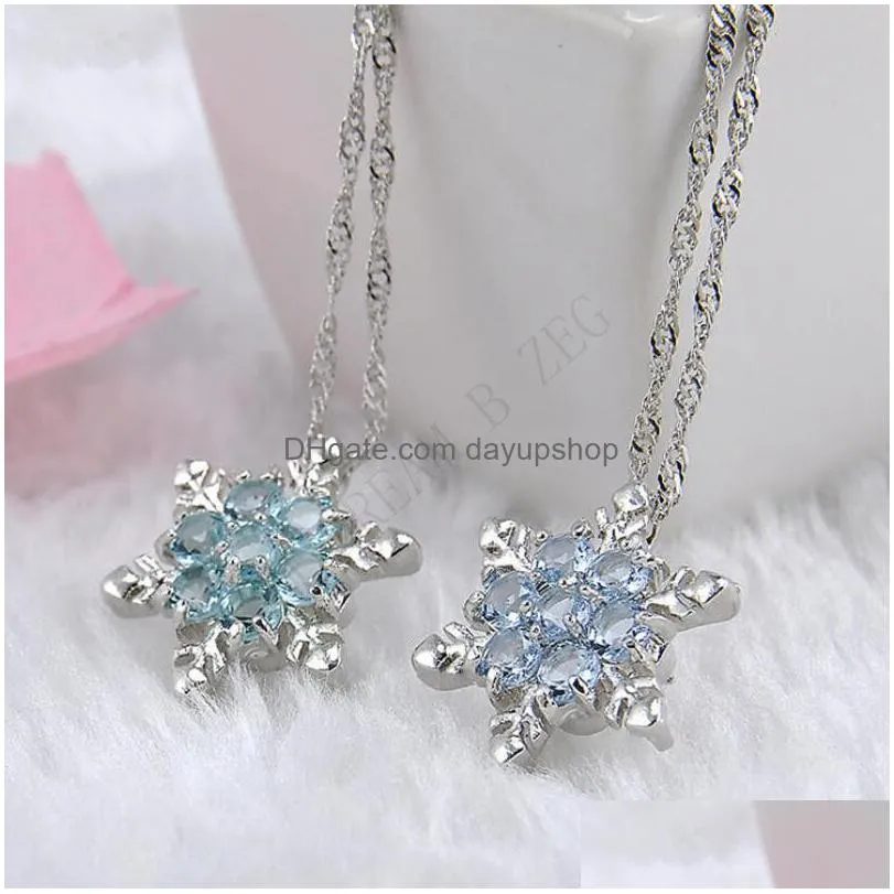 fashion jewelry snowflake pendant necklaces blue crystal snowflake frozen flower necklace pendants with chain free shipping