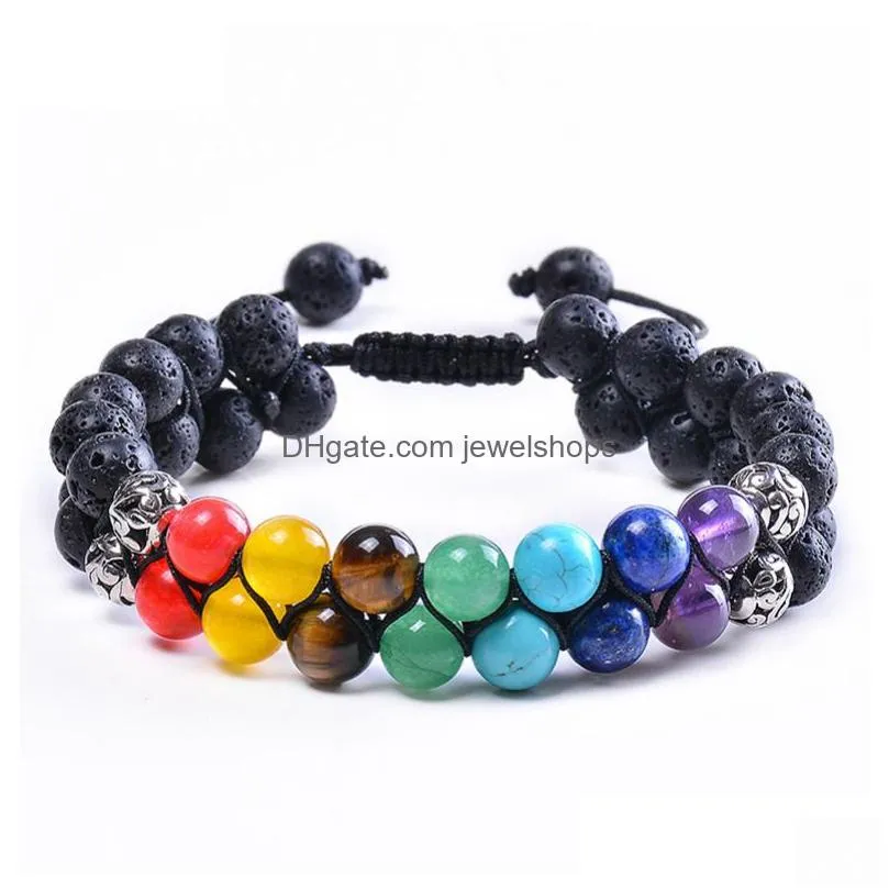 8mm yoga 7 chakra reiki healing crystal gemstone bracelet hand woven double layer adjustable beaded lava agate bracelets wristban men