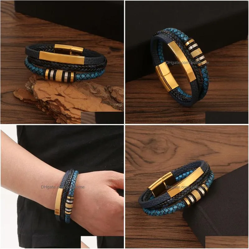 stainless steel bracelet for men multilayer handmade braided leather magnetic buckle bracelets bangle cuff wristband fashion jewelry
