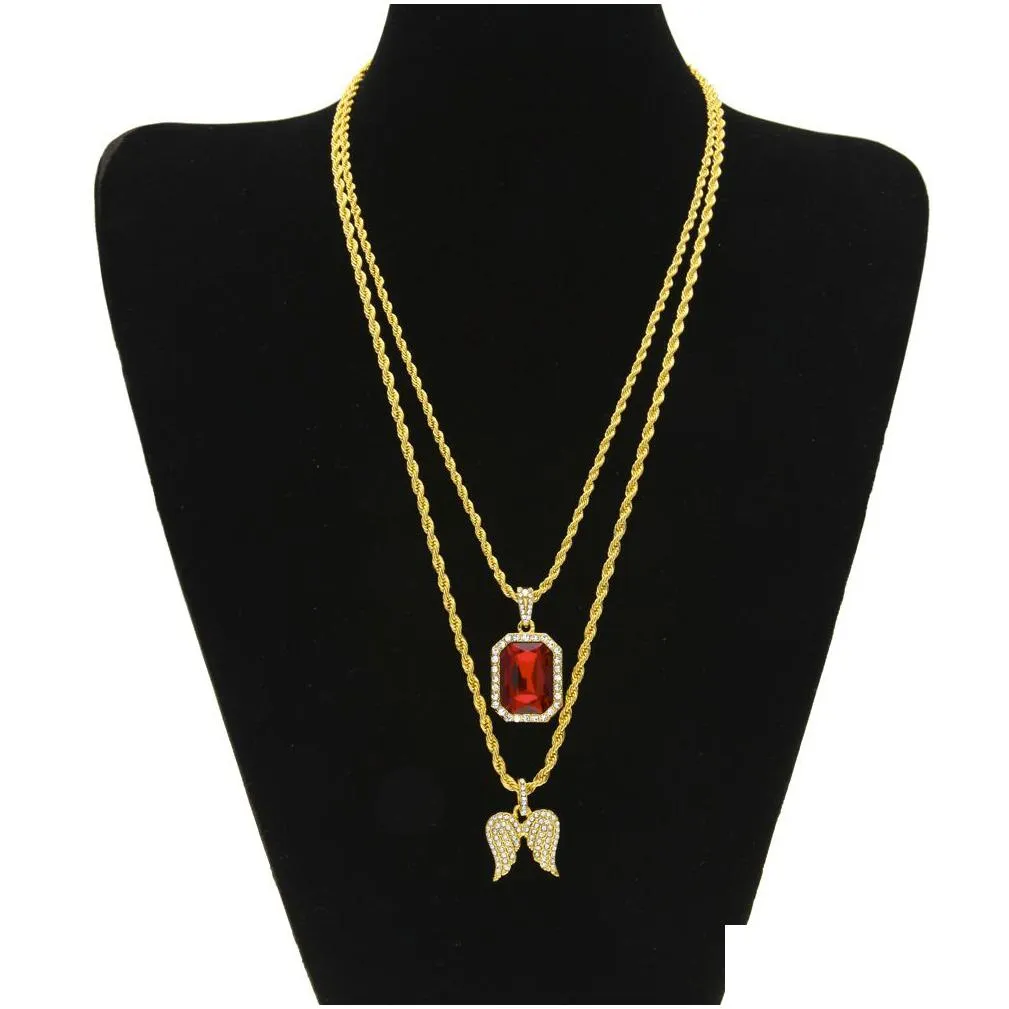 mens hip hop jewelry sets mini square ruby sapphire  diamond angel wings pendant gold chain necklaces for male hiphop