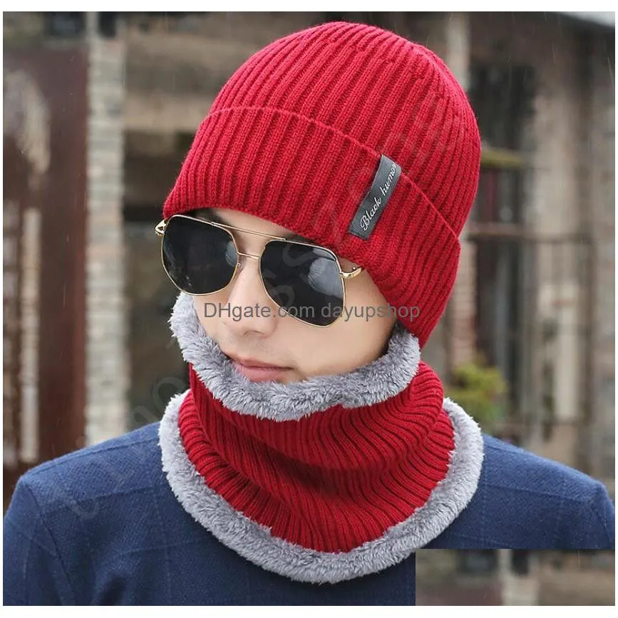 hat scarf set neck warmer scarf cap skullies beanies knitted wool hat winter plus cashmere warm hooded men`s hat collar