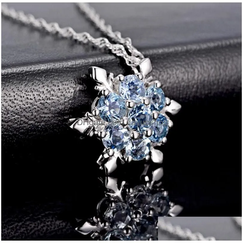 fashion jewelry snowflake pendant necklaces blue crystal snowflake frozen flower necklace pendants with chain free shipping